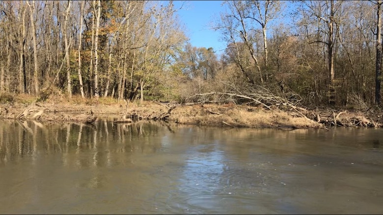 IN THE PHOTO, the location where the St. Francis Floodway Blockage Project will take place. Due to the remote location, personnel will have to boat in and out each day. The material will have to be floated out and excavated to a designated area nearby.