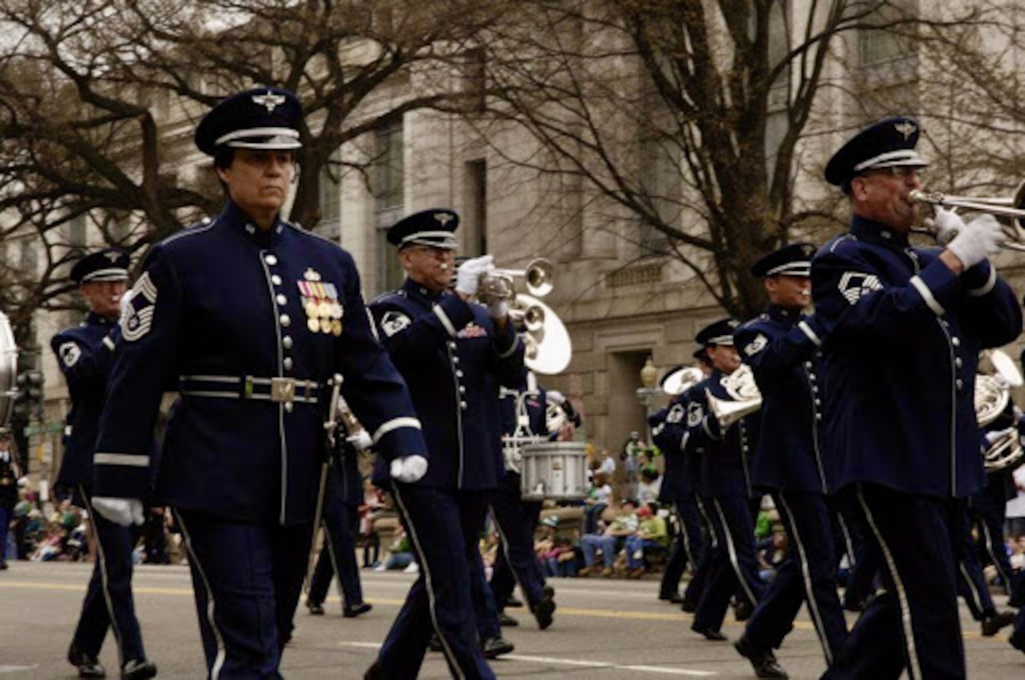 Chief Gartner marches alongside The U.S. Air Force Band in the 2006 St. Patrick’s Day parade. She was the only Chief Enlisted Manager to don this exclusive uniform, complete with sword and scabbard.