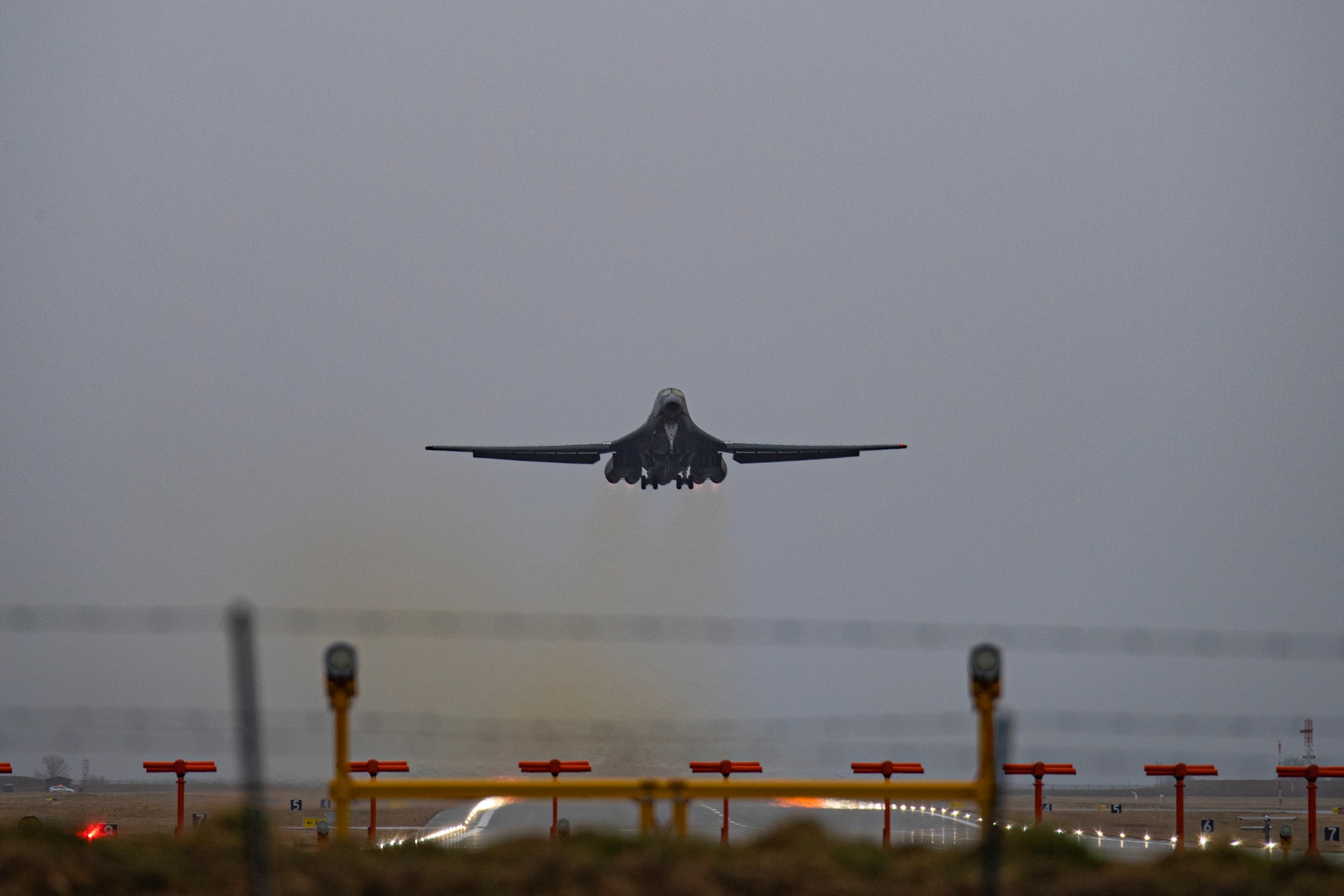 A B-1B Lancer assigned to the 9th Expeditionary Bomb Squadron takes off from Ørland Air Force Station, Norway, March 3, 2021. Two B-1 aircraft participated in Bone Saw, an ally training mission where aircrew integrated with Danish and Polish F-16 Fighting Falcons, as well as Italian and German NATO Baltic Air Police Eurofighter Typhoon aircraft. (U.S. Air Force photo by Airman 1st Class Colin Hollowell)