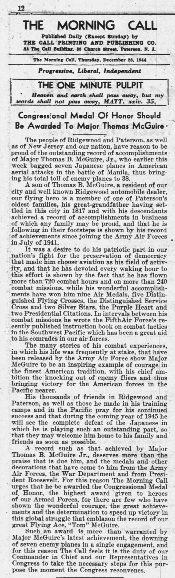 Article from The Morning Call, Thur. Dec. 28, 1944, McGuire Should Get CMH