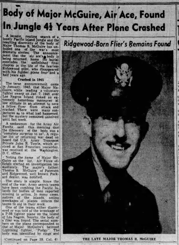 Newspaper article "body of Major McGuire, Air Ace, Found in Jungle 4 1/2 Years After Plane Crashed