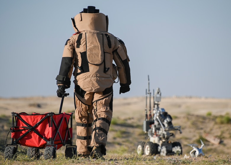A photo of an Airman in a bomb suit