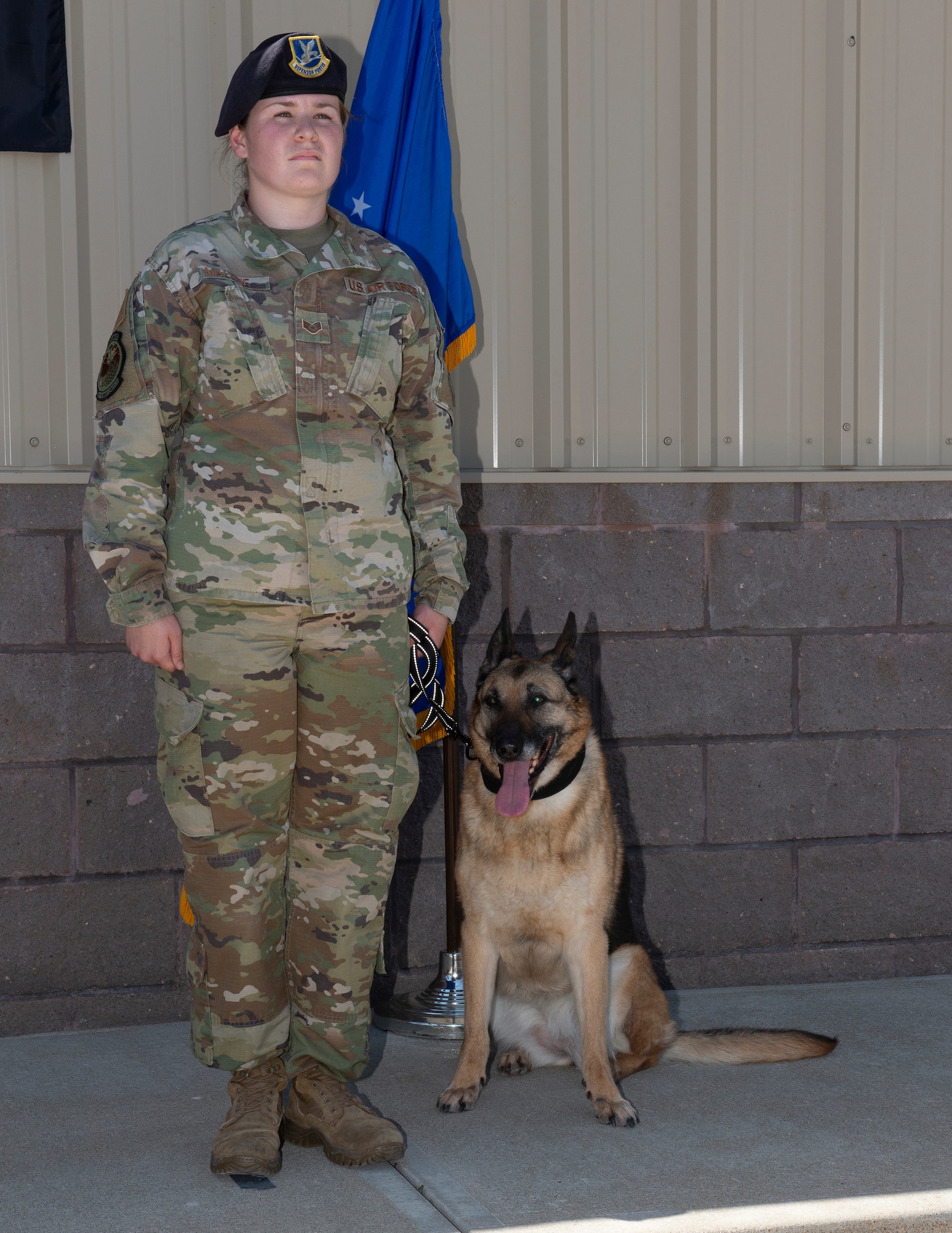 female Air Force Staff Sergeant standing at attention with military working dog sitting next to her left leg