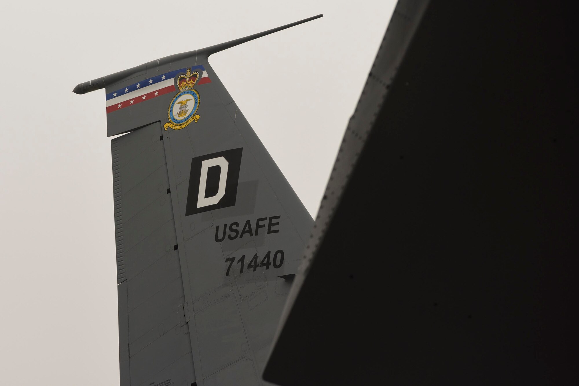 The “Square D” is displayed on the tail of a U.S. Air Force KC-135 Stratotanker aircraft assigned to the 100th Air Refueling Wing, Royal Air Force Mildenhall, England, March 3, 2021. A symbol of the wing’s World War II heritage, the badge is found on all assigned KC-135 aircraft, which enable rapid aerial refueling capability throughout Europe and Africa. (U.S. Air Force photo by Senior Airman Joseph Barron)