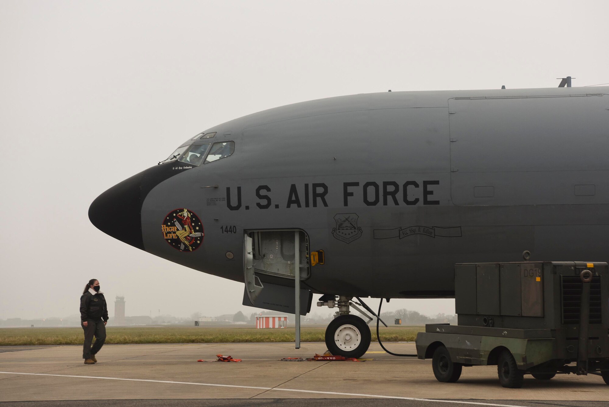 U.S. Air Force Capt. Julianne Germain, 351st Air Refueling Squadron pilot, conducts a walk-around of a KC-135 Stratotanker aircraft, assigned to the 100th Air Refueling Wing, Royal Air Force Mildenhall, England, prior to her supporting a Bomber Task Force mission at RAF Mildenhall, England, March 3, 2021. The KC-135s of the 100th Air Refueling Wing compose the single aerial refueling force within U.S. Air Forces in Europe and Air Forces Africa. (U.S. Air Force photo by Senior Airman Joseph Barron)