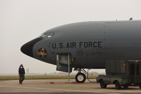 The “Square D” is displayed on the tail of a U.S. Air Force KC-135 Stratotanker aircraft assigned to the 100th Air Refueling Wing, Royal Air Force Mildenhall, England, March 3, 2021. A symbol of the wing’s World War II heritage, the badge is found on all assigned KC-135 aircraft, which enable rapid aerial refueling capability throughout Europe and Africa. (U.S. Air Force photo by Senior Airman Joseph Barron)