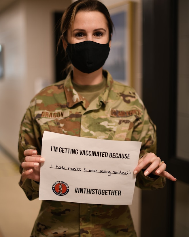 U.S. Air Force 2nd Lt. Heather Dragon, director of personnel with the 104th Force Support Squadron, shares why she got vaccinated at Barnes Air National Guard Base, Massachusetts Feb. 10, 2021. Barnestormers have been stepping up to fight the COVID-19 pandemic by volunteering to get vaccinated. (U.S. Air National Guard courtesy photo)