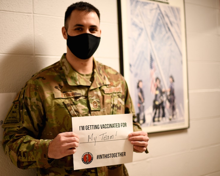 U.S. Air Force Senior Master Sgt. Christopher Byrne, a weapons specialist with the 104th Maintenance Group, shares why he is getting vaccinated at Barnes Air National Guard Base, Massachusetts on Feb. 10, 2021. Barnestormers have been stepping up to fight the COVID-19 pandemic by volunteering to get vaccinated.(U.S. Air National Guard courtesy photo)
