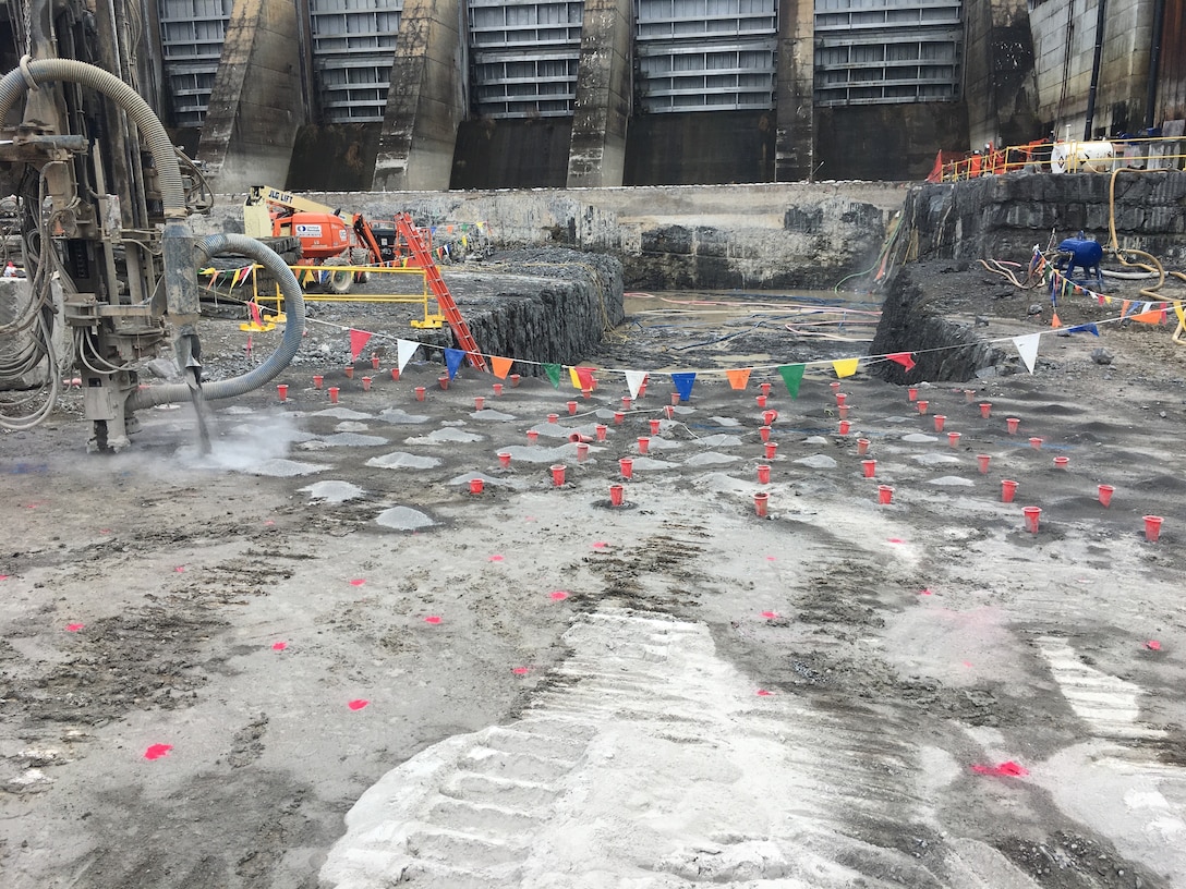 Blasting excavation activities take place at Chickamauga Lock in Chattanooga, Tenn. on March 17, 2018. Similar blasting activities will take place between 2021-2022 at the Soo Locks in Sault Ste. Marie, MI to construct the New Lock at the Soo.
