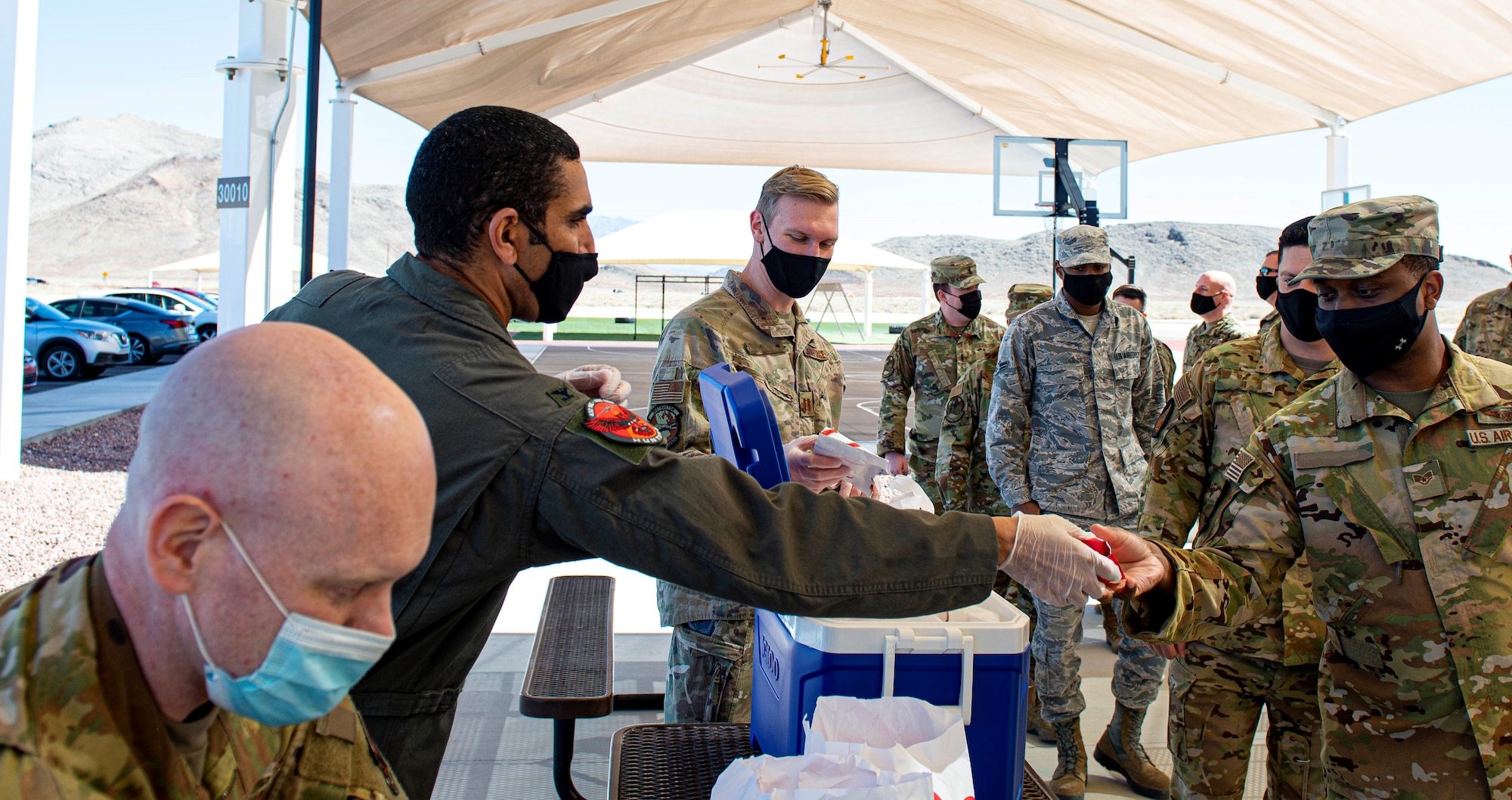 Male Colonel hands a sandwich to military members standing in a line in an outdoor park bench seating area.