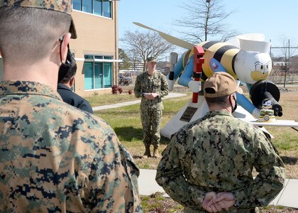 Captain Richard Hayes welcomes a group of Sailors who hathered to celebrate the 79th Birthday of the U.S. Navy Seebees. On March 5, 1942, the "Seabees" name and insignia were officially authorized. Rear Adm. Ben Moreell who personally furnished them with their official motto: Construimus, Batuimus: "We Build, We Fight."