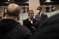 Cindy Bass, City of Philadelphia Councilmember, participates in a tour during the soft launch of the state-run, federally-supported Center City Community Vaccination Center at the Pennsylvania Convention Center in Philadelphia, March 2, 2021.