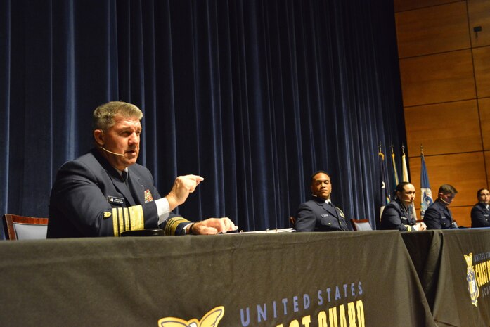 U.S. Coast Guard Adm. Karl Shultz, commandant of the Coast Guard, alongside a panel of six selected junior officers, address cadets at the Coast Guard Academy, New London, Connecticut, March 3, 2021. The panelists discussed their own personal experiences in the field to give insight into what lies ahead once the cadets join the fleet as officers.
(U.S. Coast Guard photo by Petty Officer 2nd Class Ronald Hodges)