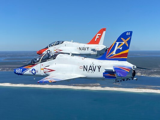Cmdr. Eric Reeves (blue aircraft) relinquishes command of the "Sabrehawks" of Training Squadron (VT) 86 to Cmdr. George Zintak during an aerial change of command ceremony above Pensacola, Fla., Feb. 4.