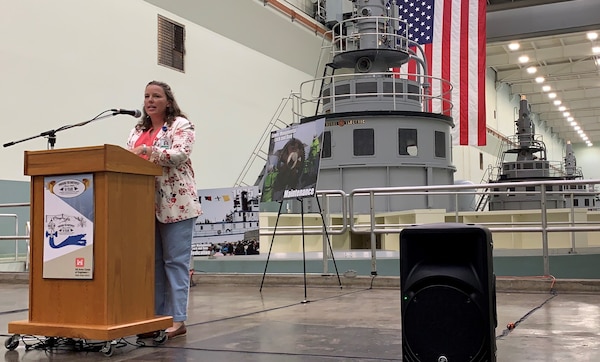 Operations Project Manager Jeannette Wilson speaking at the 50th anniversary ceremony for Lower Monumental Lock and Dam in 2019.