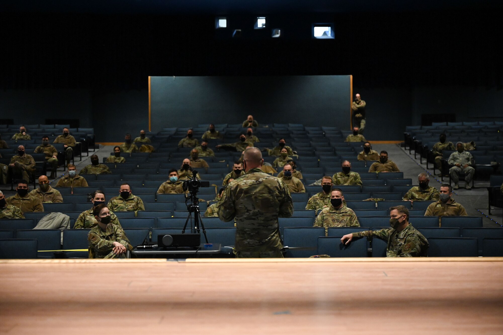 U.S. Air Force Chief Master Sgt. Dave R. Wolfe, Pacific Air Forces command chief, interacts with 354th Fighter Wing noncommissioned officers during an NCO all call at Eielson Air Force Base, Alaska, Feb. 19, 2021