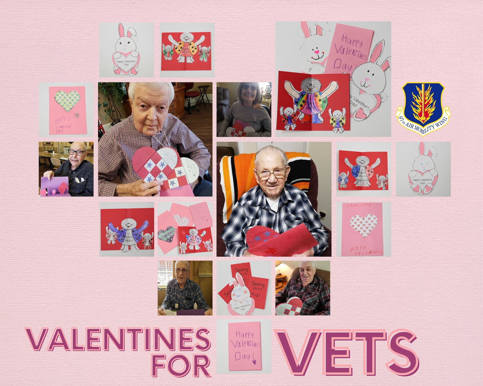 Veterans from Tamarack Assisted Living Center hold up their hand-made valentines’ cards that they received from Rivers Elementary School students at Tamarack Assisted Living Center in Altus, Oklahoma, February 24, 2021. Photos courtesy of Tamarack Assisted Living Center. (U.S. Air Force graphic by Airman 1st Class Amanda Lovelace)