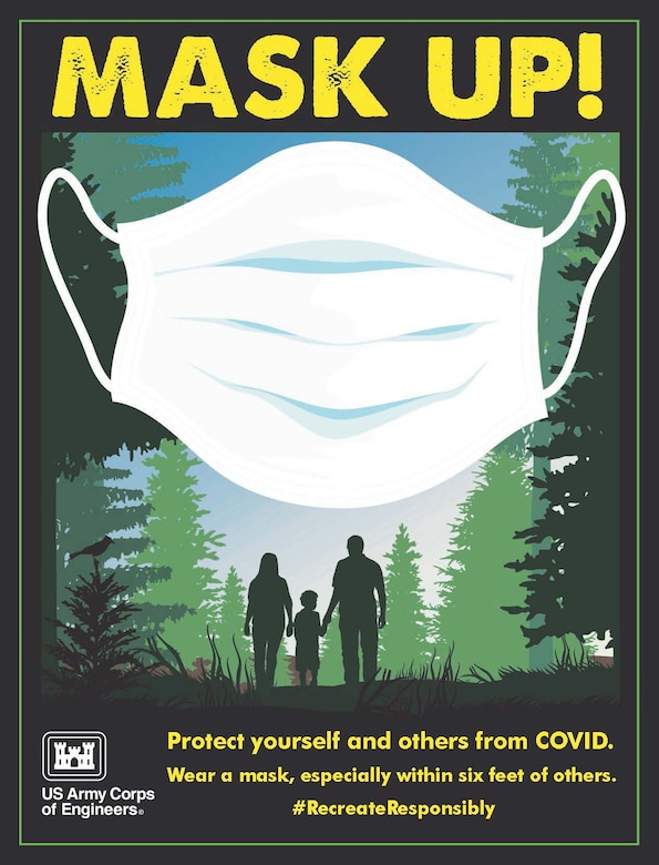 Graphic shows mask with family hiking in background