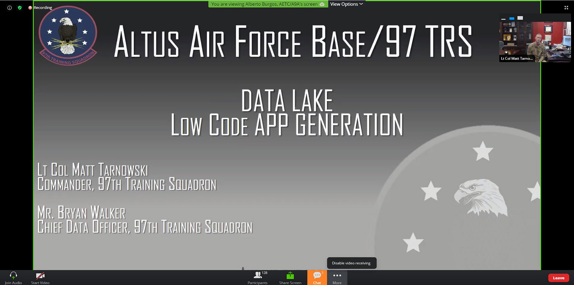 Lt. Col. Matt Tarnowski, 97th Training Squadron commander, briefs his application that brings information together in a “Data Lake” during the Tech Tuesday event held March 2 at Joint Base San Antonio-Randolph, Texas. Tech Tuesday was hosted by the Nineteenth and Second Air Forces to bring innovators together to collaborate and share ideas on how they are moving training forward.