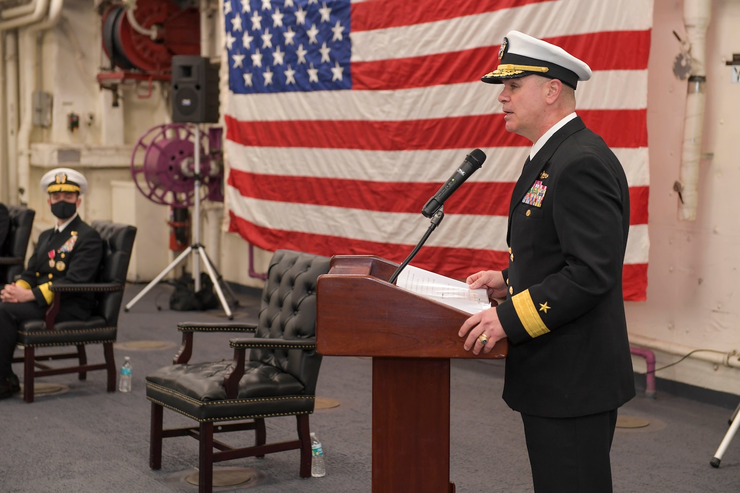 Rear Adm. Brendan McLane, commander, Naval Surface Force Atlantic (SURFLANT), speaks during the SURFLANT change of command ceremony aboard the San Antonio-class amphibious transport dock ship USS Mesa Verde (LPD 19).