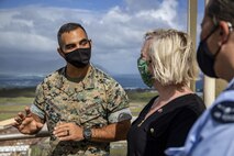 U.S. Marine Corps Col. Speros Koumparakis, commanding officer, Marine Corps Base Hawaii, discusses the importance of the base with local Australia Consulate Staff during a visit of the base, MCBH, Feb. 26, 2021. The purpose of this visit was to inform local Australian Consulate Staff on the bases roles, missions, capabilities and how it supports the operational forces, their families and the surrounding community. (U.S. Marine Corps photo by Lance Cpl. Brandon Aultman)