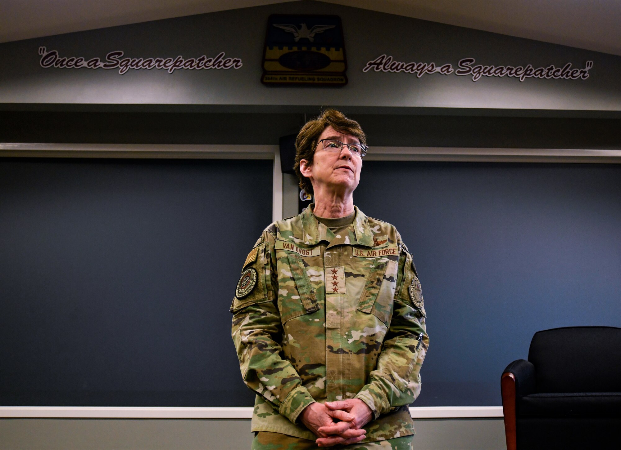 U.S. Air Force Gen. Jacqueline Van Ovost, Air Mobility Command commander, prepares to tour the 384th Air Refueling Squadron after briefing pilots at Fairchild Air Force Base, Washington, March 4, 2021. Van Ovost previously commanded the 384th ARS when it was located at McConnell Air Force Base, Kansas. (U.S. Air Force photo by Senior Airman Ryan Gomez)