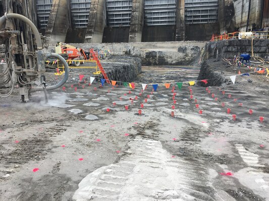 Blasting excavation activities take place at Chickamauga Lock in Chattanooga, Tenn. on March 17, 2018. Similar blasting activities will take place between 2021-2022 at the Soo Locks in Sault Ste. Marie, MI to construct the New Lock at the Soo.