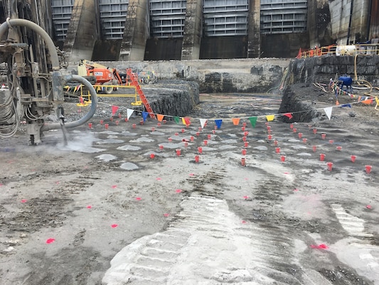 Blasting excavation activities take place at Chickamauga Lock in Chattanooga, Tenn. on March 17, 2018. Similar blasting activities will take place between 2021-2022 at the Soo Locks in Sault Ste. Marie, MI to construct the New Lock at the Soo.