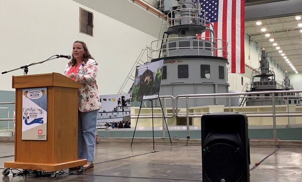 Operations Project Manager Jeannette Wilson speaking at the 50th anniversary ceremony for Lower Monumental Lock and Dam in 2019.