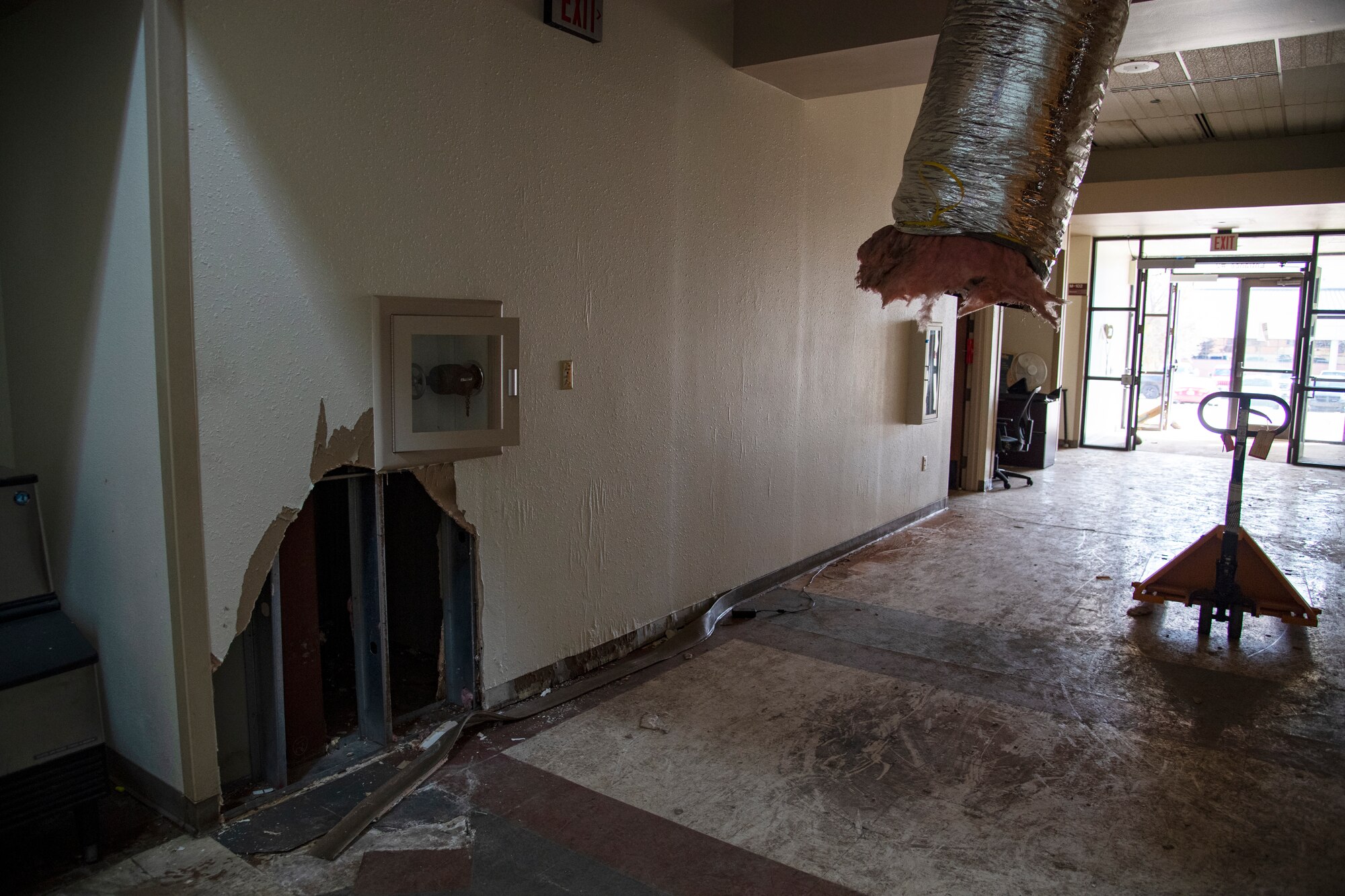 A photo of the damage within the 361st Training Squadron's Aerospace Ground Equipment schoolhouse at Sheppard Air Force Base, Texas, March 4, 2021. The Feb. 14, 2021, snowstorm damaged the AGE schoolhouse leaving it defunct. 210 training resources (equipment, hands-on trainers, etc.) were moved within two days. AGE continues training in their neighbor's schoolhouse and is slowly moving back. Complete repairs are estimated to take longer than a year. (U.S. Air Force photo by Senior Airman Pedro Tenorio)