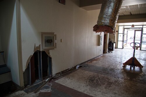 A photo of the damage within the 361st Training Squadron's Aerospace Ground Equipment schoolhouse at Sheppard Air Force Base, Texas, March 4, 2021. The Feb. 14, 2021, snowstorm damaged the AGE schoolhouse leaving it defunct. 210 training resources (equipment, hands-on trainers, etc.) were moved within two days. AGE continues training in their neighbor's schoolhouse and is slowly moving back. Complete repairs are estimated to take longer than a year. (U.S. Air Force photo by Senior Airman Pedro Tenorio)