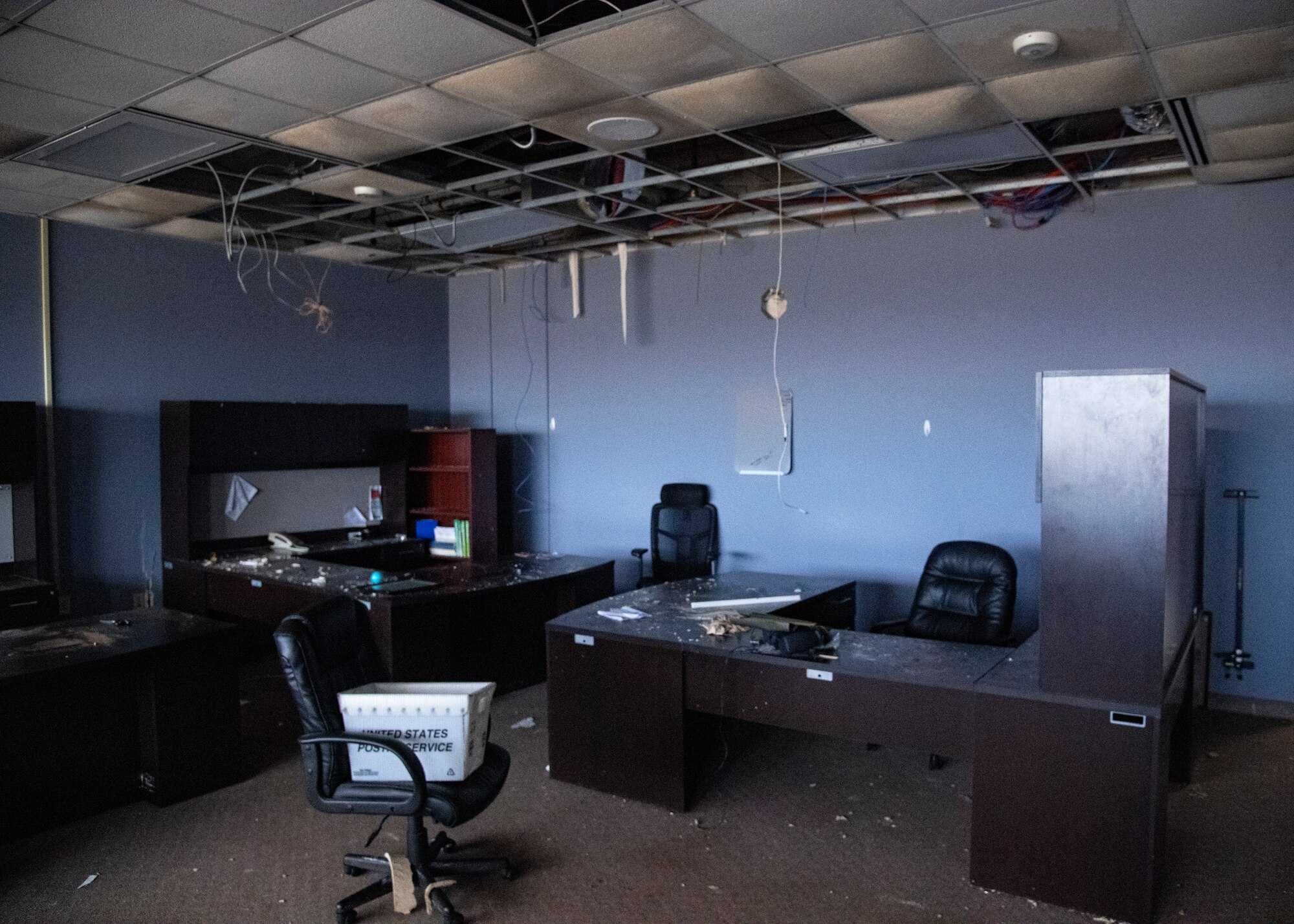 A photo of a damaged office within the Aerospace Ground Equipment schoolhouse at Sheppard Air Force Base, Texas, March 4, 2021. The Feb. 14, 2021, snowstorm damaged the AGE schoolhouse leaving it defunct. Some of AGE's labs for training have recently been cleared for use, but the main corridor that held most of the classrooms and offices for the 361st Training Squadron's faculty is still devastated and will stay unused for quite some time. (U.S. Air Force photo by Senior Airman Pedro Tenorio)
