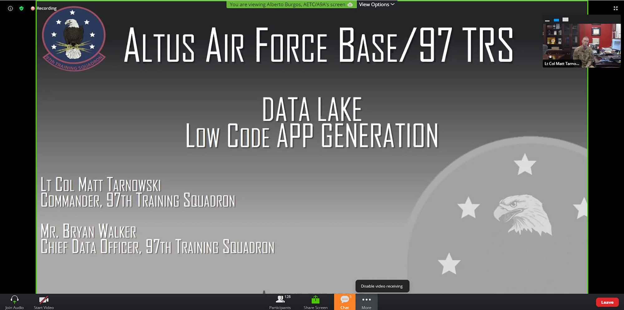Lt. Col. Matt Tarnowski, 97th Training Squadron commander, briefs his application that brings information together in a “Data Lake” during the Tech Tuesday event held March 2 at Joint Base San Antonio-Randolph, Texas. Tech Tuesday was hosted by the Nineteenth and Second Air Forces to bring innovators together to collaborate and share ideas on how they are moving training forward.