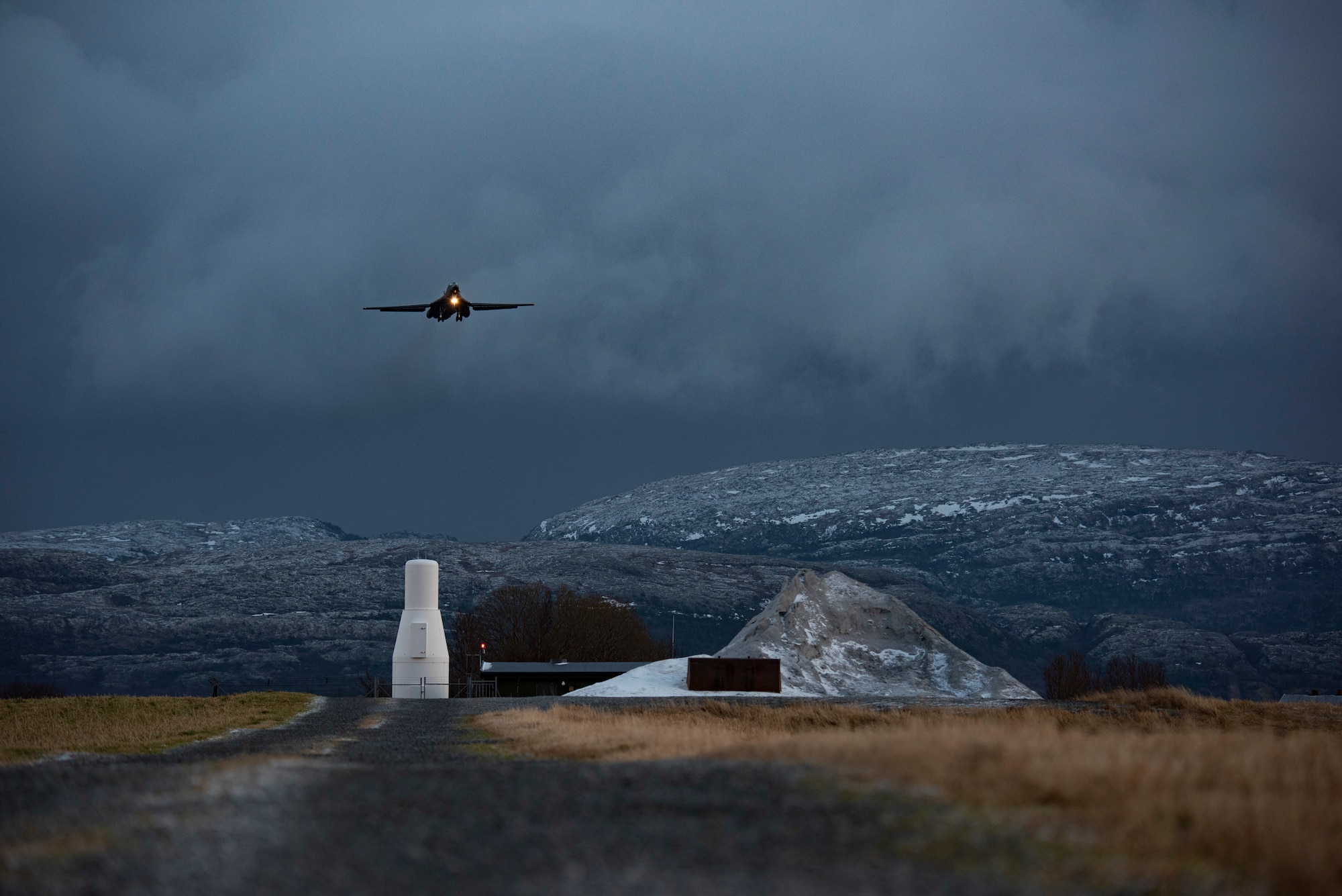 A B-1B Lancer assigned to the 9th Expeditionary Bomb Squadron prepares to land at Ørland Air Force Station, Norway, March 3, 2021. Working with ally nations within the NATO alliance demonstrates solidarity and proves U.S. commitment to improving interoperability. (U.S. Air Force photo by Airman 1st Class Colin Hollowell)