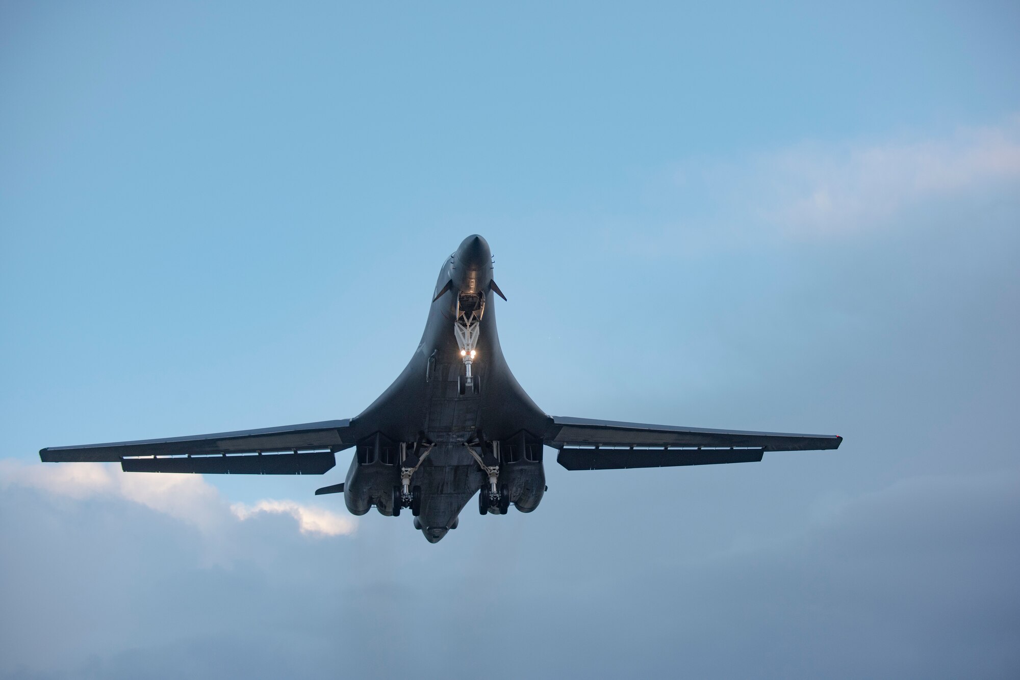 A B-1B Lancer assigned to the 9th Expeditionary Bomb Squadron prepares to land at Ørland Air Force Station, Norway, March 3, 2021. The 9th EBS will participate in a variety of integration and training missions with NATO ally and partner forces over the course of the Bomber Task Force Europe deployment. (U.S. Air Force photo by Airman 1st Class Colin Hollowell)