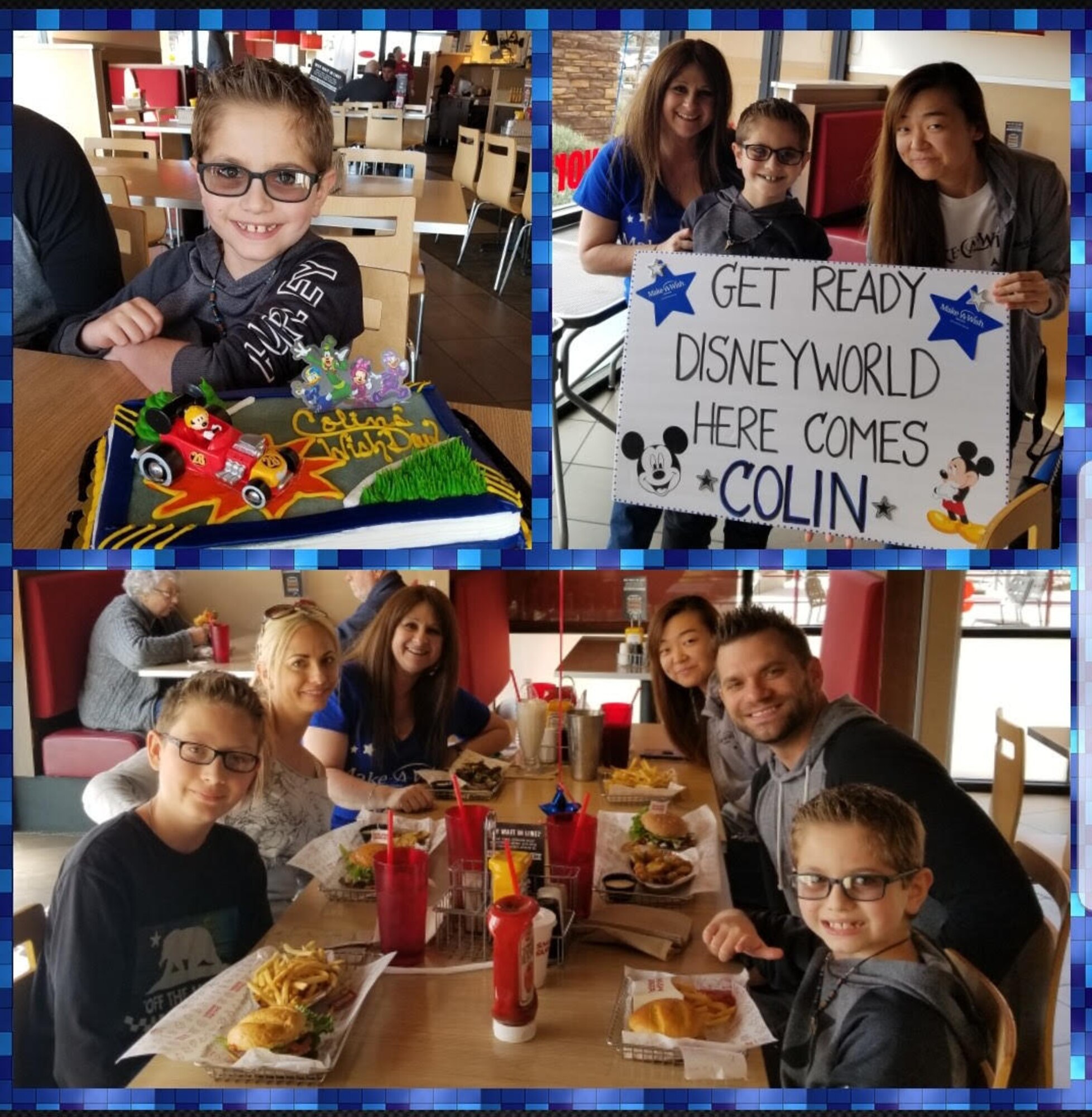 Staff Sgt. Janet Kim, 61st Aircraft Maintenance Unit F-35 avionics craftsman and wish granter, reveals to Colin, a Make-A-Wish child, and his family, that Colin’s wish to go to Disney World was granted.