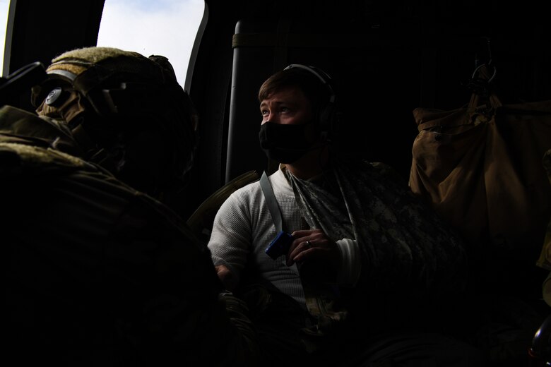 U.S. Air Force Capt. Austin Huff, 510th Fighter Squadron F-16 Fighting Falcon pilot, receives treatment for his simulated injuries during Operation Porcupine in Romania, March 4, 2021.