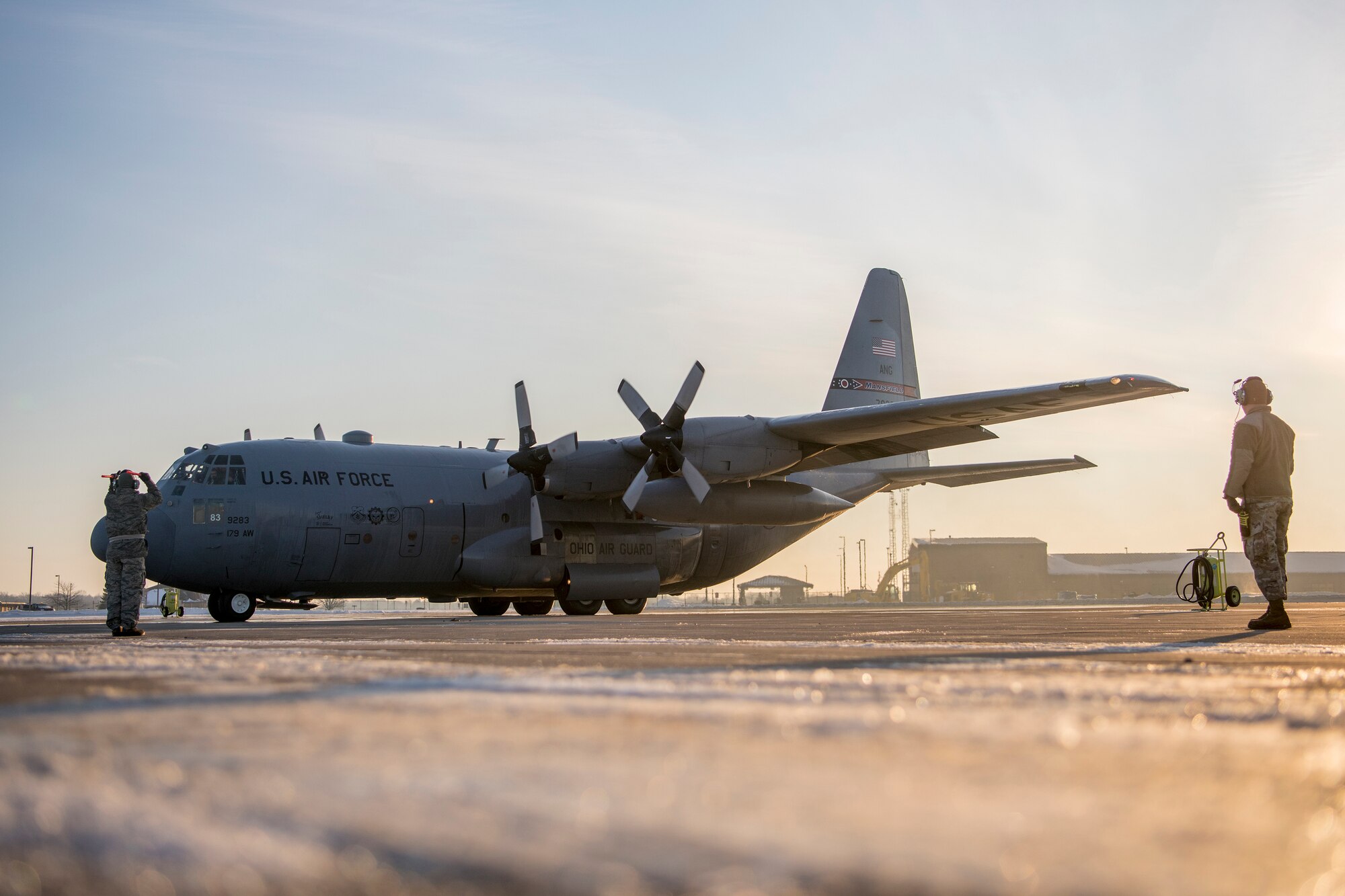 Airmen from the 179th Airlift Wing, Mansfield, Ohio, depart their home station in a C-130H Hercules, Feb. 21, 2021.