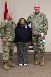 Sgt. Pedro Gonzales III, member of the Oklahoma Army National Guard, receives the Oklahoma Star of Valor on Thursday at the Regional Training Institute in Oklahoma City for his heroic actions in saving his neighbor’s life. In September 2020, Gonzales stepped between his neighbor and a man attacking her with a knife where he received multiple stab wounds to the face and neck. The medal is Oklahoma’s second highest military award which honors Oklahoma National Guard members who carry out heroic or valorous acts, typically involving risk of life or injury in the process of protecting another in non-combat circumstances. (Oklahoma National Guard photo by Sgt. Jordan Sivayavirojna)