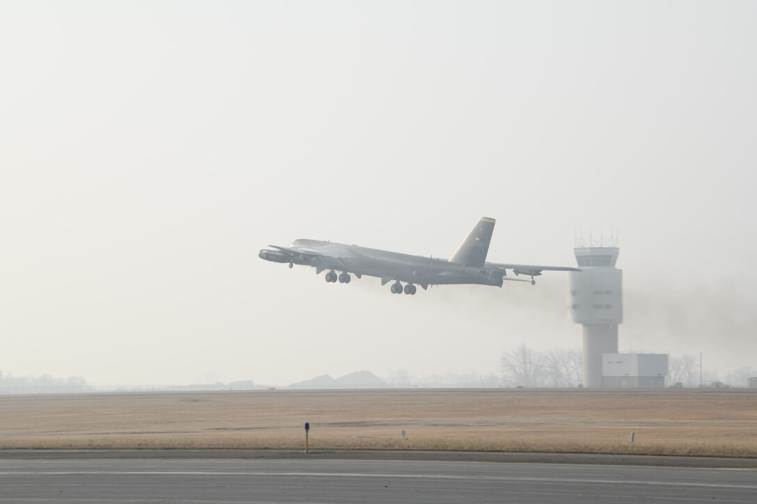 B-52H Stratofortress “Heavy Hauler”, assigned to the 5th Bomb Wing, takes off on March 6, 2021, at Minot Air Force Base, North Dakota. The United States maintains a strong, credible strategic bomber force that enhances the security and stability of allies and partners. (U.S. Air Force photo by Senior Airman Josh W. Strickland)