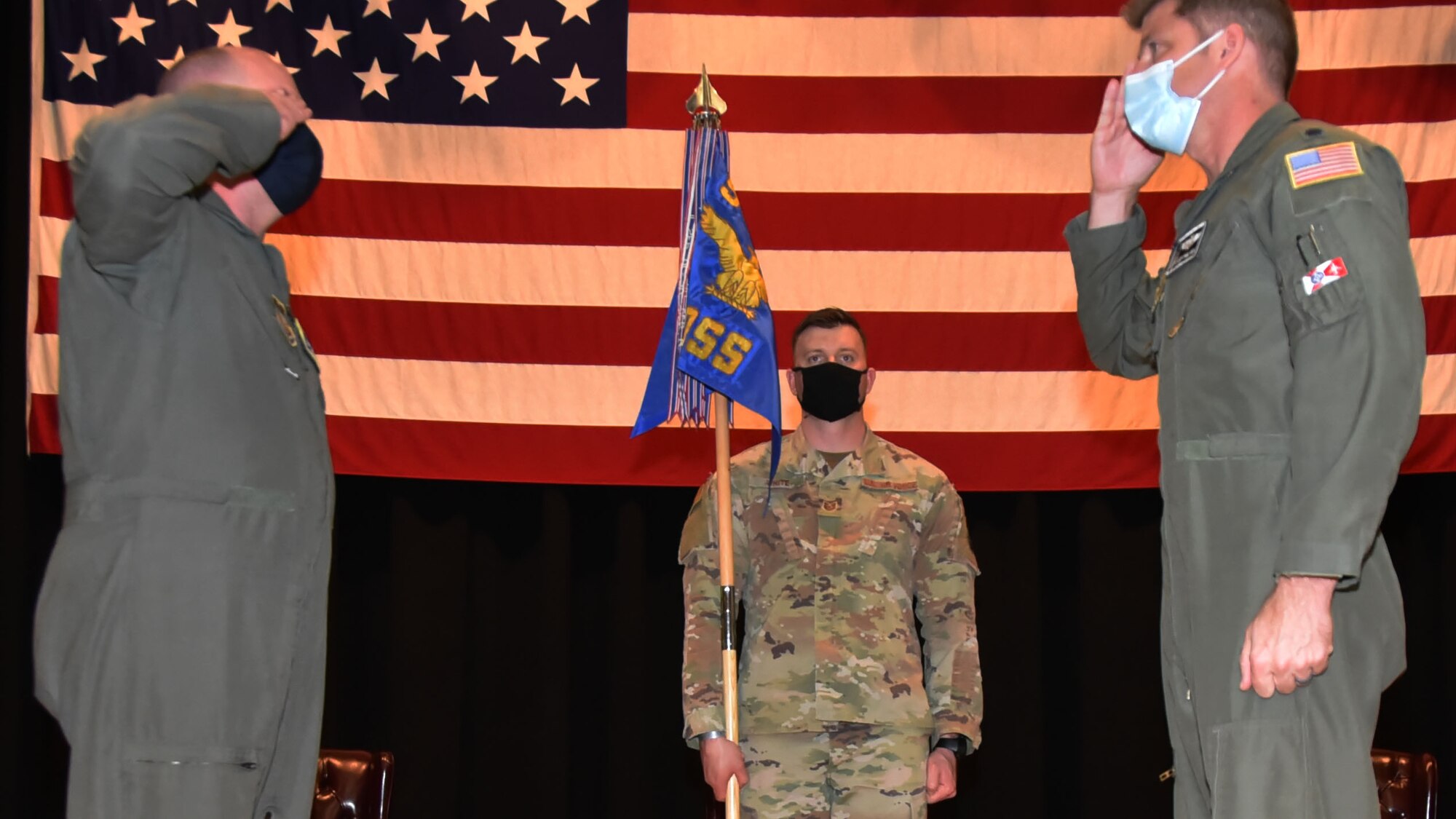 Lt. Col. Jason Helmick, right, assumes command of the 931st Operations Support Squadron during a change of command ceremony March 6, 2021, at McConnell Air Force Base, Kansas.