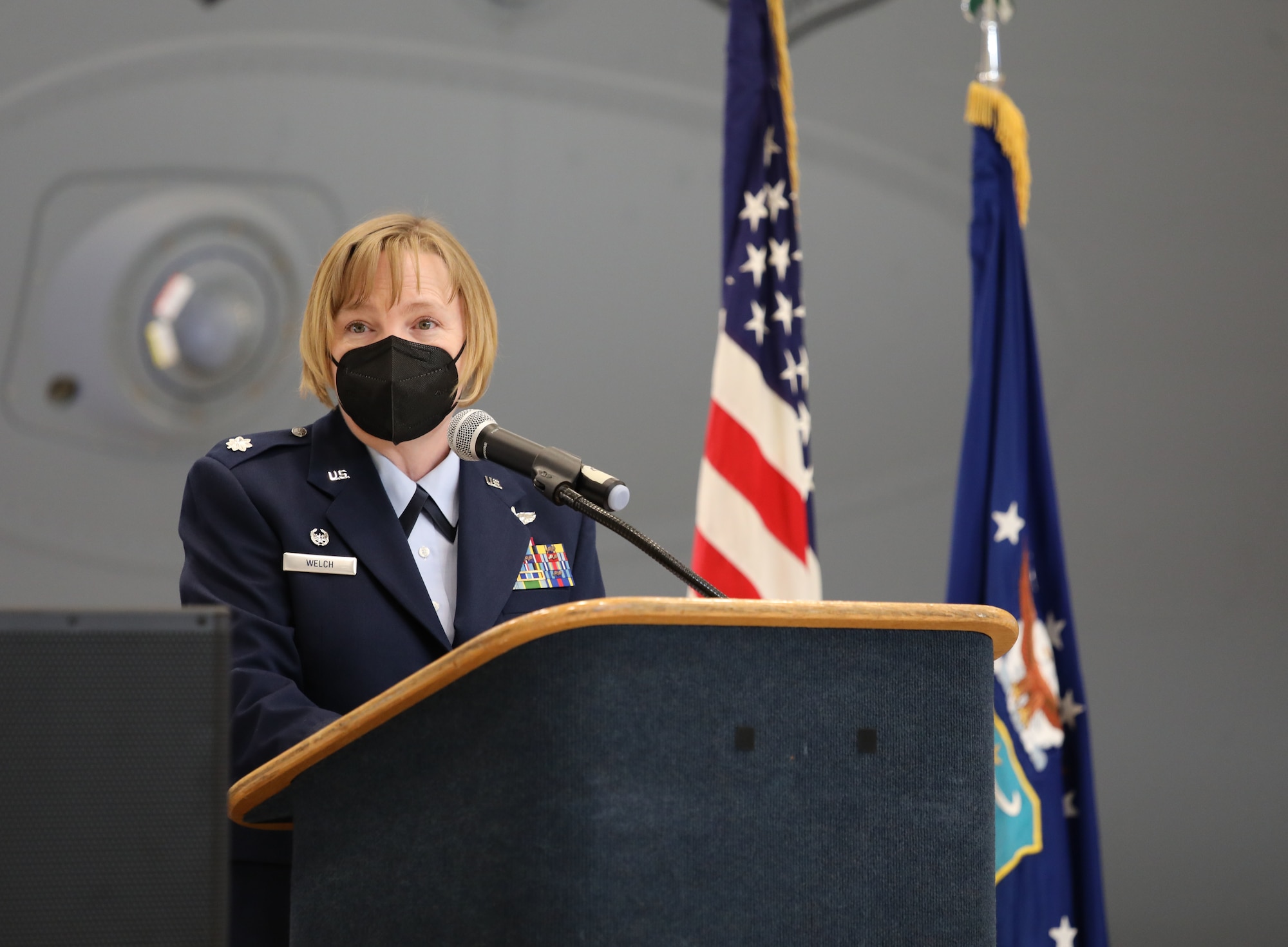 U.S. Air Force Lt. Col. Cynthia Welch, commander of the 446th Operations Group, addresses virtual and physical attendees during her assumption of command March 6, 2021 on Joint Base Lewis-McChord, Washington.