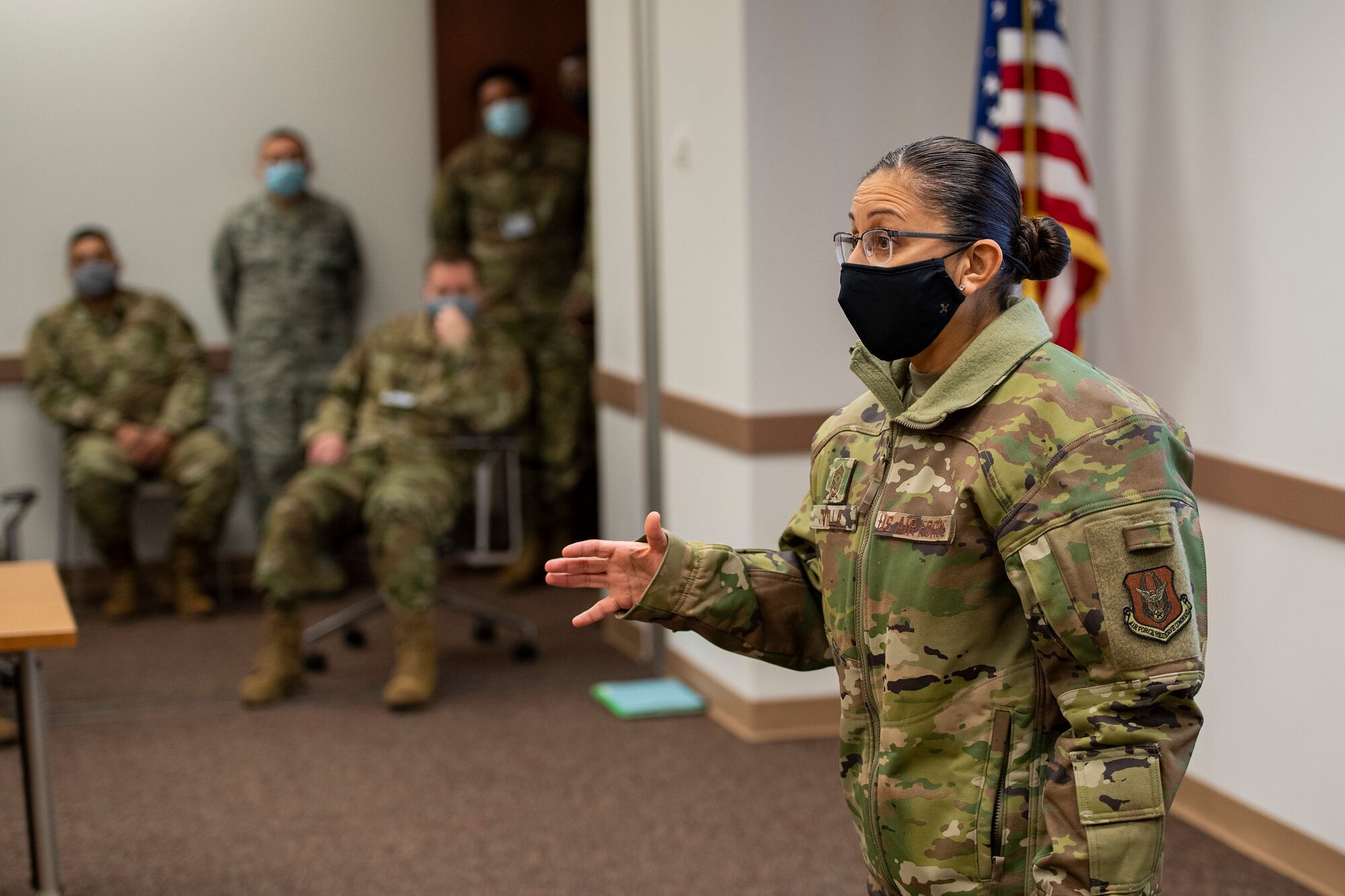 Chief Master Sgt. Cynthia Villa, 4th Air Force command chief, speaks with Airmen at the 514th Air Mobility Wing, Joint Base McGuire-Dix-Lakehurst, New Jersey, March 7, 2021. Villa visited the Freedom Wing over the March UTA, recognizing some of the wing's top performers and mentoring several Airmen. (U.S. Air Force photo by Staff Sgt. Sean Evans)
