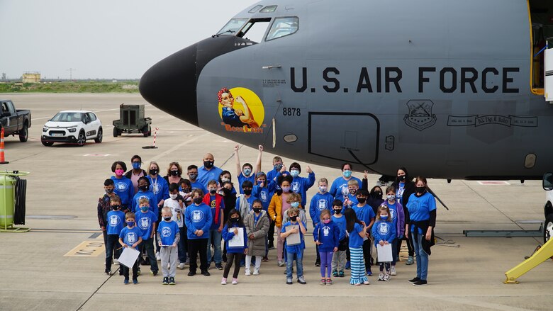 The 351st Expeditionary Air Refueling Squadron hosted elementary and middle school students for a KC-135 Stratotanker aircraft tour, at Morón Air Base, Spain, Feb. 26, 2021. The tour enabled the 351st EARS to showcase KC-135 capabilities and highlight the Airmen who ensure Operation Juniper Micron success. (Courtesy Photo)
