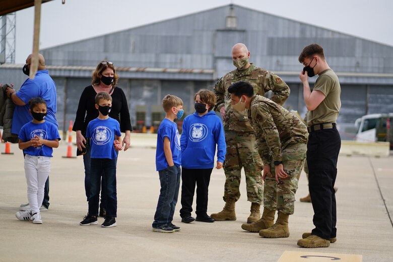 Maintainers assigned to the 351st Expeditionary Air Refueling Squadron speak with elementary and middle school students during a KC-135 Stratotanker aircraft tour, at Morón Air Base, Spain, Feb. 26, 2021. The tour enabled the 351st EARS to showcase KC-135 capabilities and highlight the Airmen who ensure Operation Juniper Micron success. (Courtesy Photo)