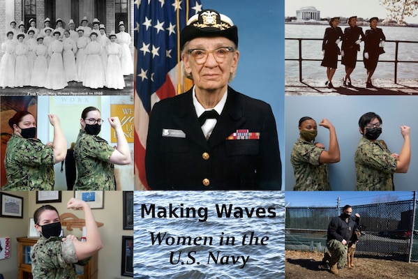 A graphic illustrating women serving in the United States Navy from the “Sacred Twenty” in 1908, to the Women Accepted for Volunteer Emergency Service (WAVES), to Rear Admiral Grace Hopper to the present day. Though originally confined to administrative roles or serving aboard auxiliary vessels, women may serve in any rating or capacity in the Navy today. (U.S. Navy illustration by Mass Communication Specialist 2nd Class Tristan B. Lotz/Released)