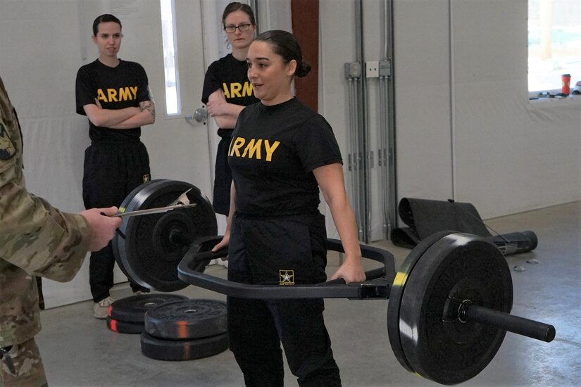 Spc. Vail Forbeck, a Soldier from the 213th Regional Support Group, lifts the hex-bar during the strength deadlift on March 3, 2021. The event was part of the Occupational Physical Assessment Test, one of the events of the Pennsylvania National Guard Best Warrior Competition.