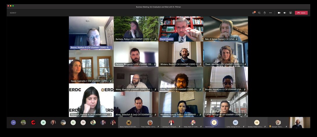 Members of the U.S. Army Engineer Research and Development Center (ERDC) Emerging Leaders Group meet virtually with Dr. David Pittman, ERDC director, Jan. 27, 2021. The competitive program is aimed at identifying and fostering new leaders within ERDC. (U.S. Army Corps of Engineers photo)