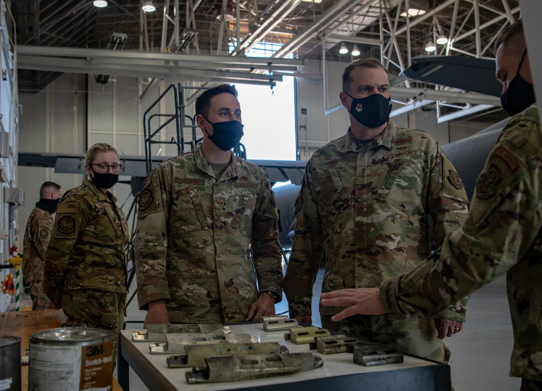 Maj. Gen. Thad Bibb, 18th Air Force commander, speaks with 317th Maintenance Squadron Airmen at Dyess Air Force Base, Texas, Mar. 3, 2021.
