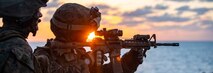 201219-M-UV498-1347 INDIAN OCEAN (Dec. 19, 2020) – A U.S. Marine with Light Armored Reconnaissance Company, 15th Marine Expeditionary Unit, fires his M4 carbine during a combat marksmanship training event aboard the amphibious assault ship USS Makin Island (LHD 8). The Makin Island Amphibious Ready Group and the 15th MEU are conducting operations in the U.S. 6th Fleet area of responsibility. (U.S. Marine Corps photo by Lance Cpl. Mackenzie Binion)